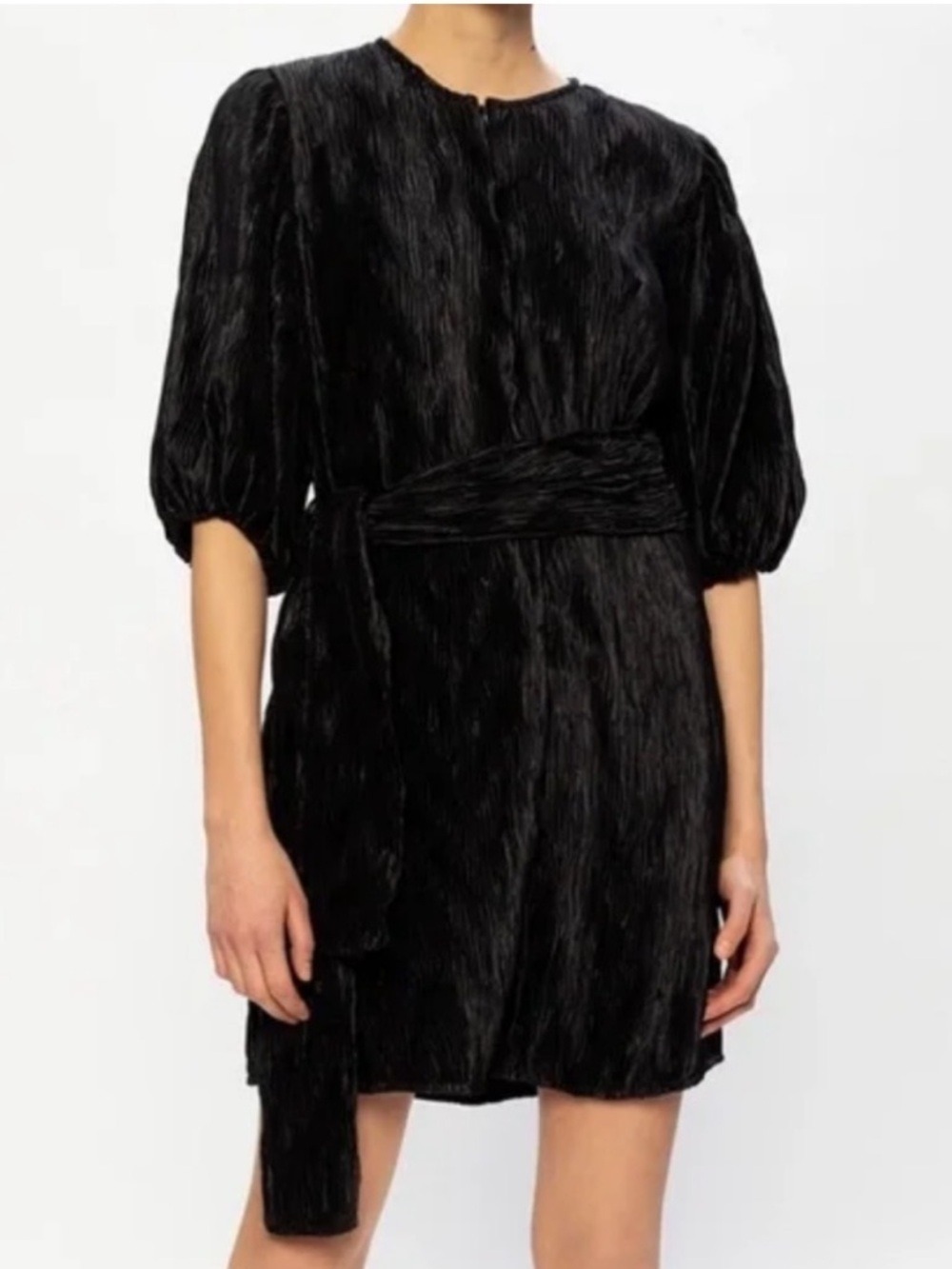 GANNI Pleated Satin Balloon Sleeve Dress Black size 12